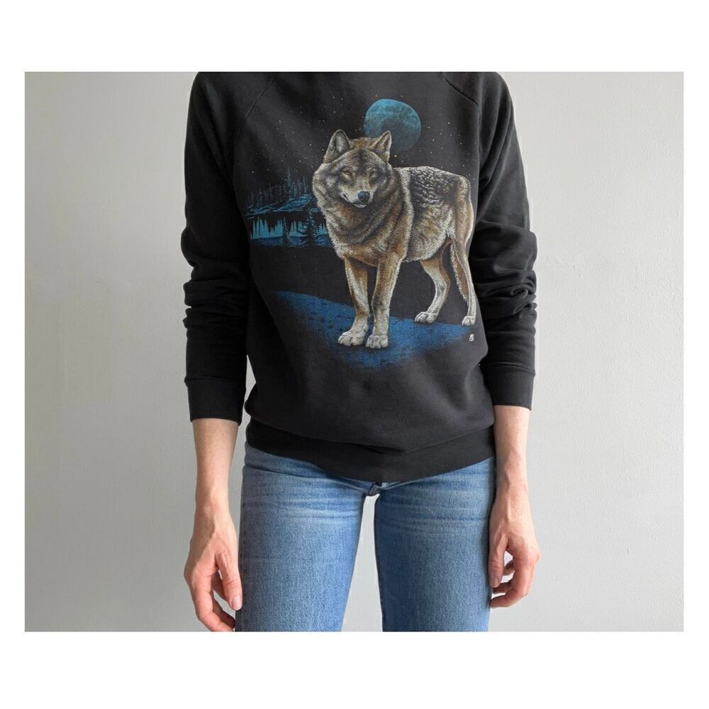 Jerzees Vintage 1987s Dead Stock Grey Wolf Moon Black Raglan Fleece Lined Sweats